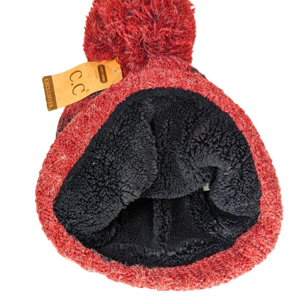 C.C. NWT Fleece Lined Red Plaid Fuzzy Ball Winter Hat Beanie - Picture 5 of 8